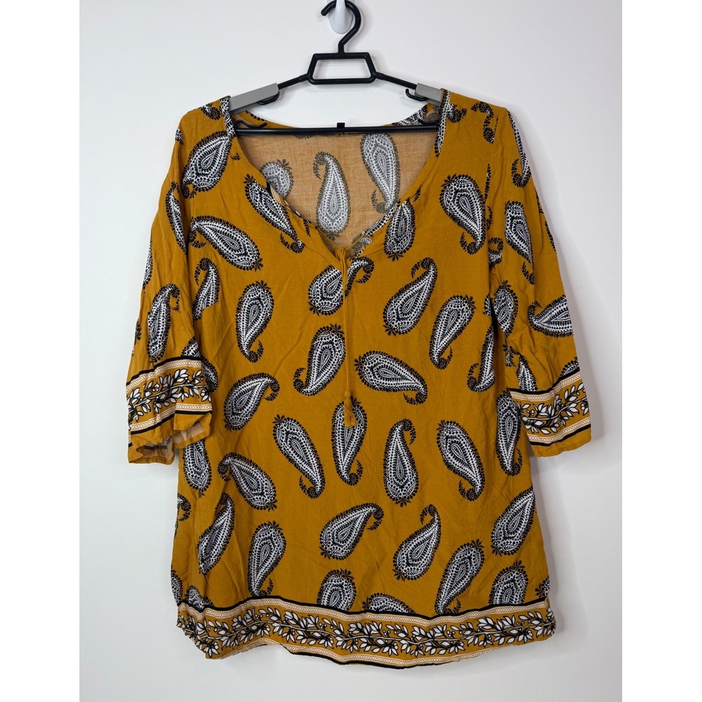Unique‎ Spectrum Top Women's 1X 3/4 Sleeve Paisley Boho Blouse Mustard Yellow
